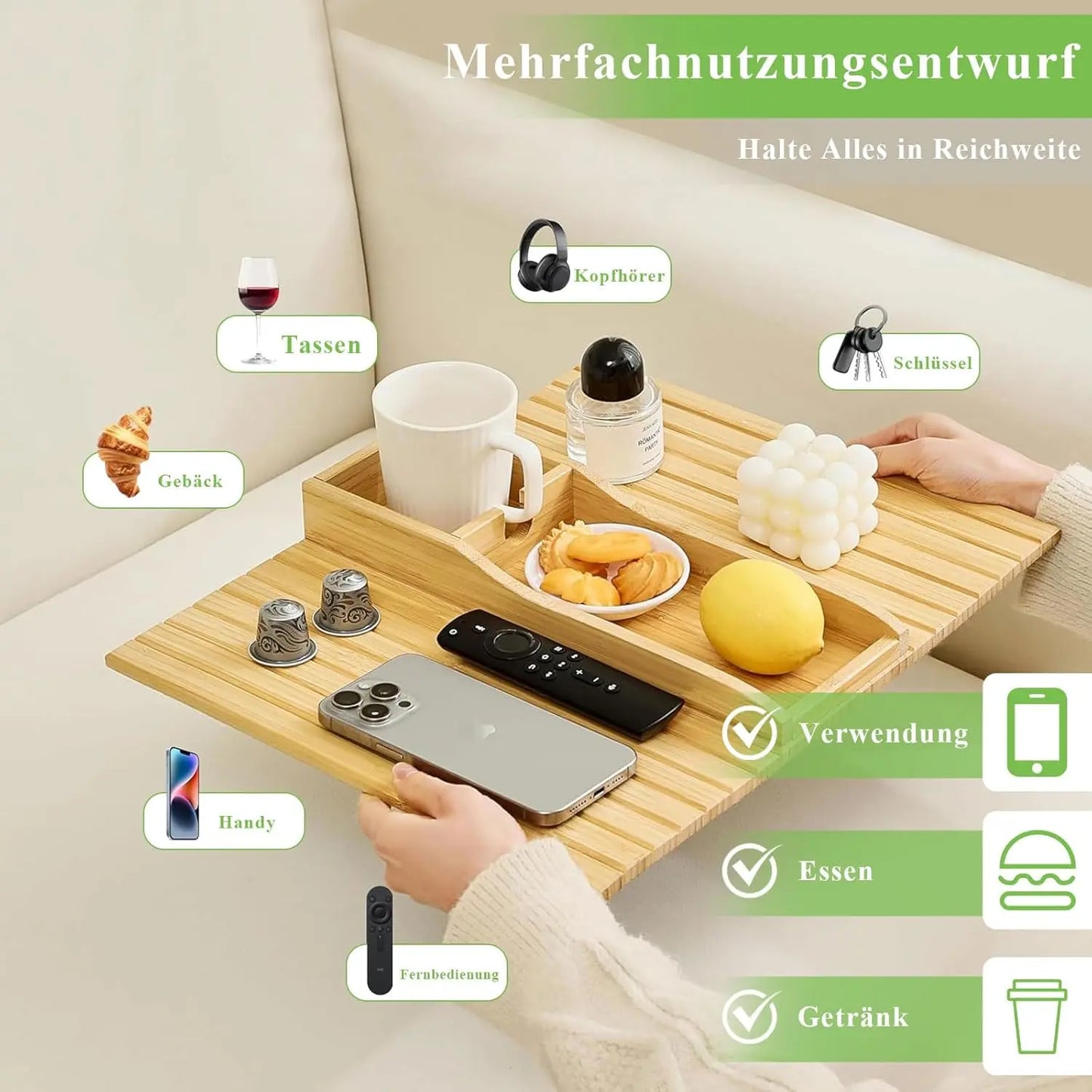 Sofa Organizer Ablagetasche – Couch-Armlehnen Organizer ohne Seitentaschen – Praktische Aufbewahrung für Wohnzimmer Mirevo