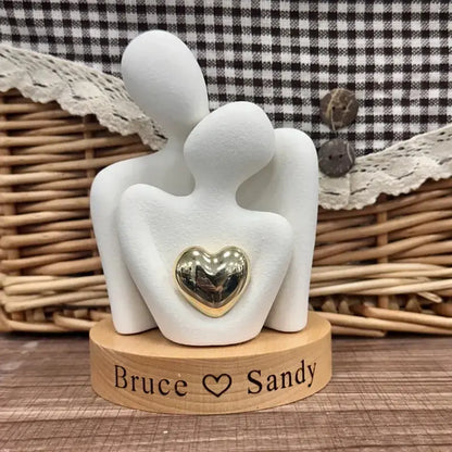 Personalized Couple Ceramic Figurines - Custom Engraved Wooden Base - Handmade Home Decor for Newlyweds Mirevo