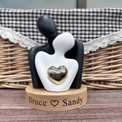 Personalized Couple Ceramic Figurines - Custom Engraved Wooden Base - Handmade Home Decor for Newlyweds Mirevo