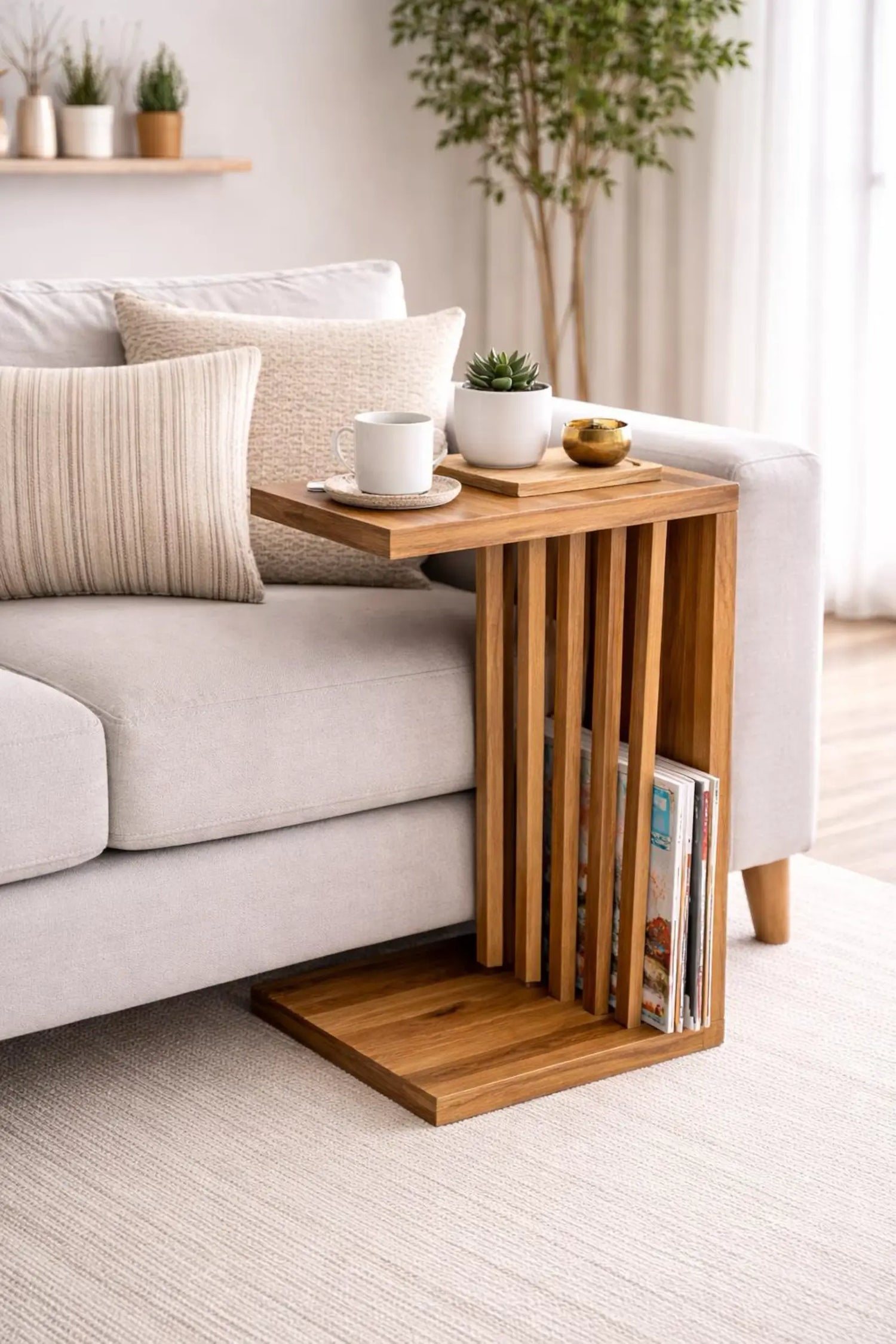 Beistelltisch Holz C-Form | Handgefertigter Eiche Couch- & Nachttisch |Modernes Design, personalisierbar, langlebig, Wohnzimmer, Laptoptisch Mirevo