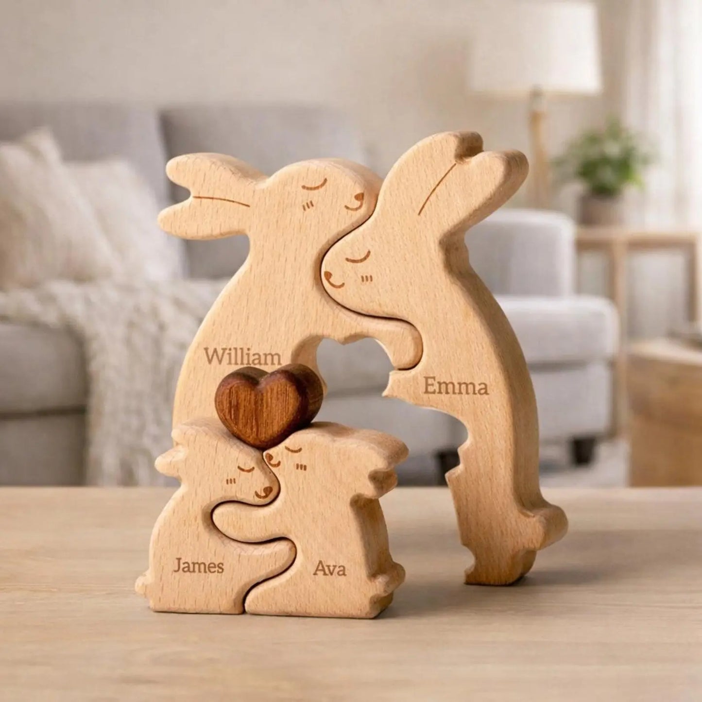 Personalized Wooden Rabbit Family Puzzle Decor Mirevo